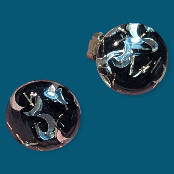 1960s Bewitching Glitter Lucite Clip-On Earrings ~ moons cabochon clear matrix - Picture 2 of 9